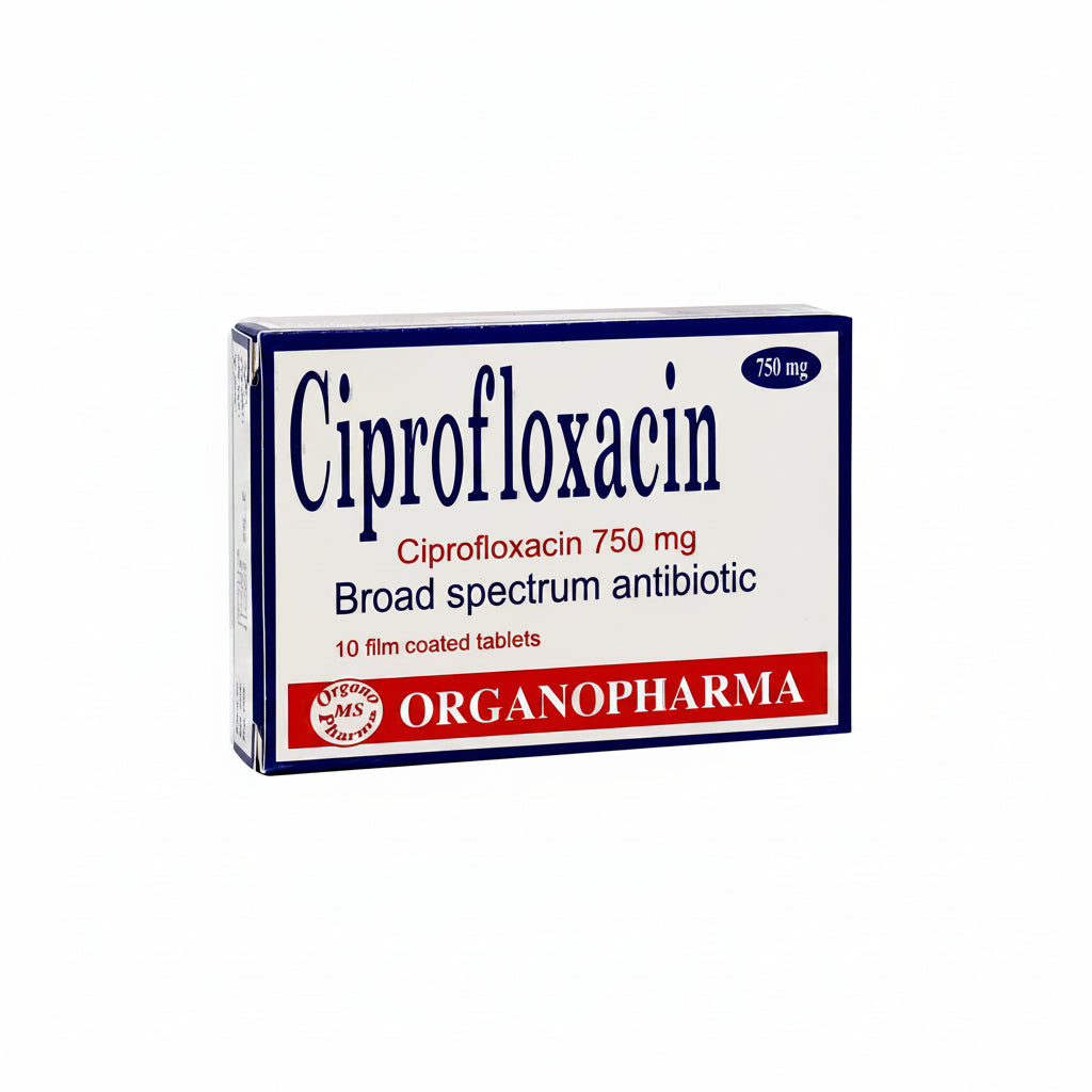 A box of Ciprofloxacin 750 mg tablets by Organopharma, featuring a white box with blue and red text and borders, isolated on a white background.