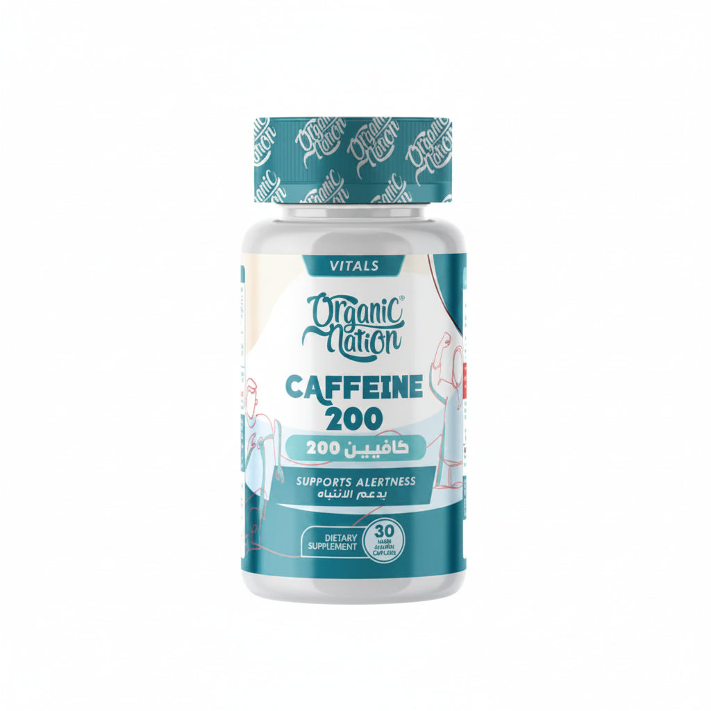 Bottle of Organic Nation caffeine supplement on a white background