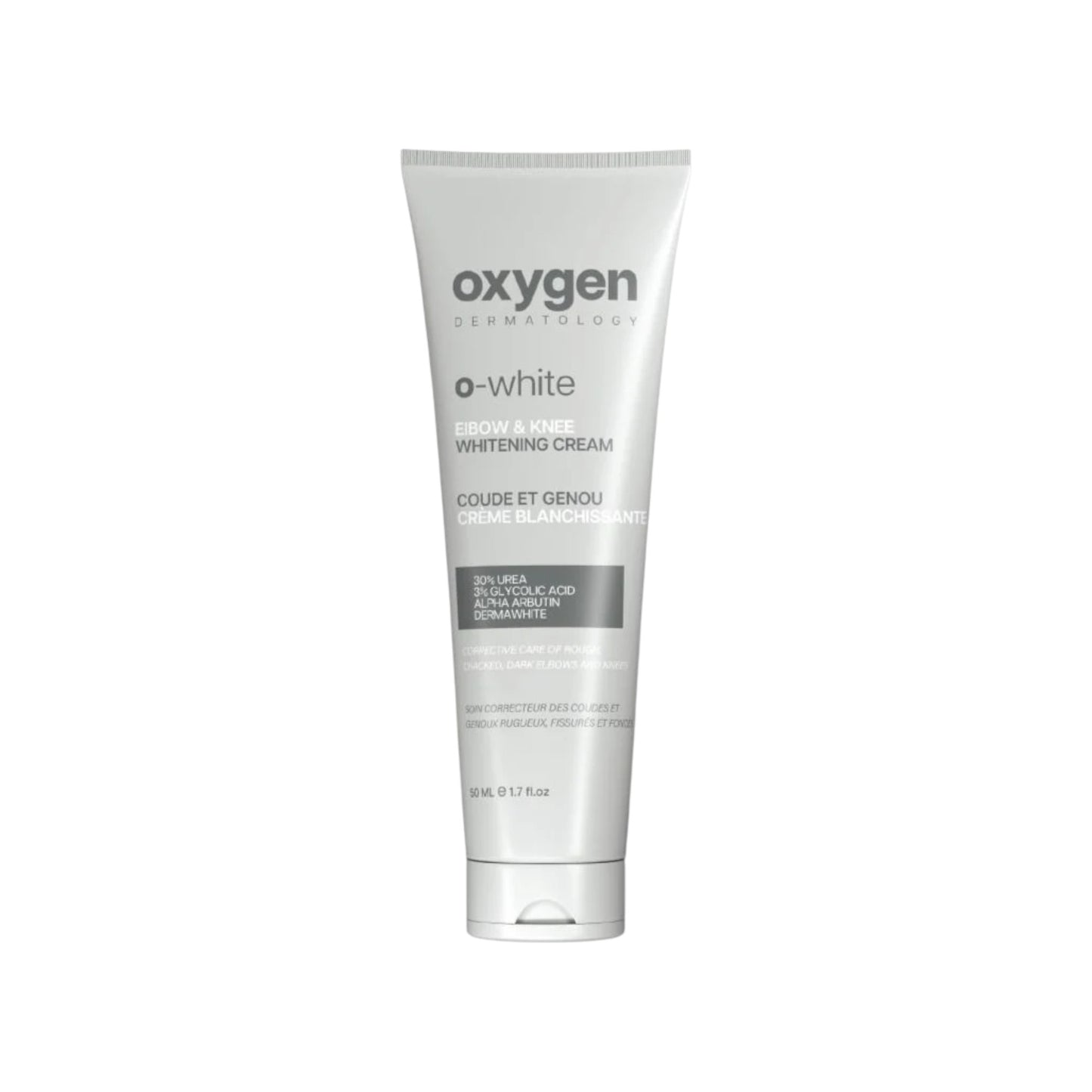 Oxygen O-White Elbow and Knee Whitening Cream 50 ml tube – skin brightening and smoothing cream – displayed at Wise Pharmacy حدائق أكتوبر