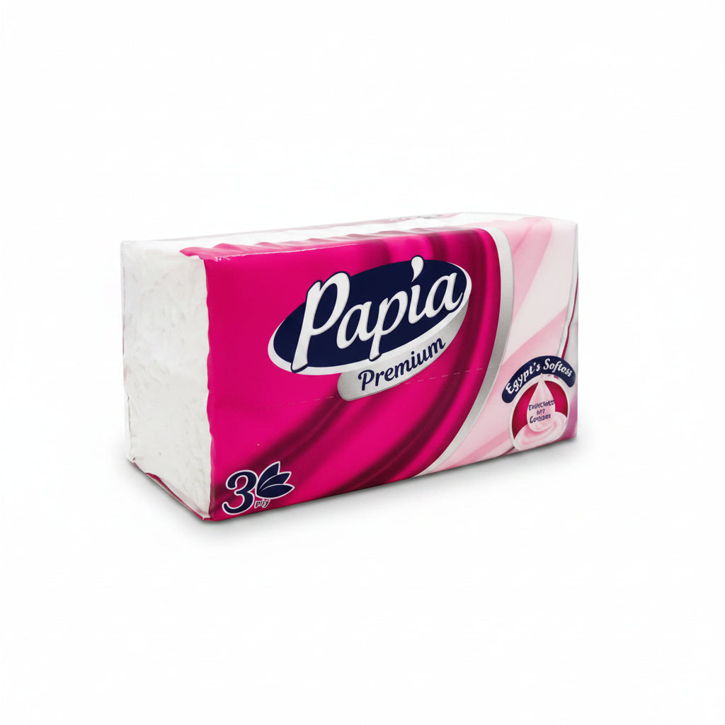 A package of Papia Premium handkerchief paper towels, showing three folded white paper towels inside a pink and white plastic wrapper with the Papia brand logo.