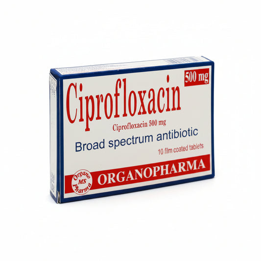 A box of Ciprofloxacin 500 mg tablets by Organopharma, shown at a three-quarter angle on a plain white background.