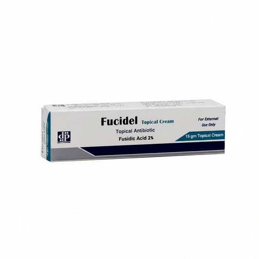A box of Fucidel topical cream, 15 gm, containing topical antibiotic fusidic acid 2%. The packaging is white with dark blue and gray accents, and the DP Bio logo is visible on the left side.