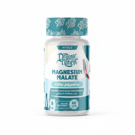 A white plastic bottle of Organic Nation Magnesium Malate dietary supplement with a teal and white label and cap, shown on a clean white background.
