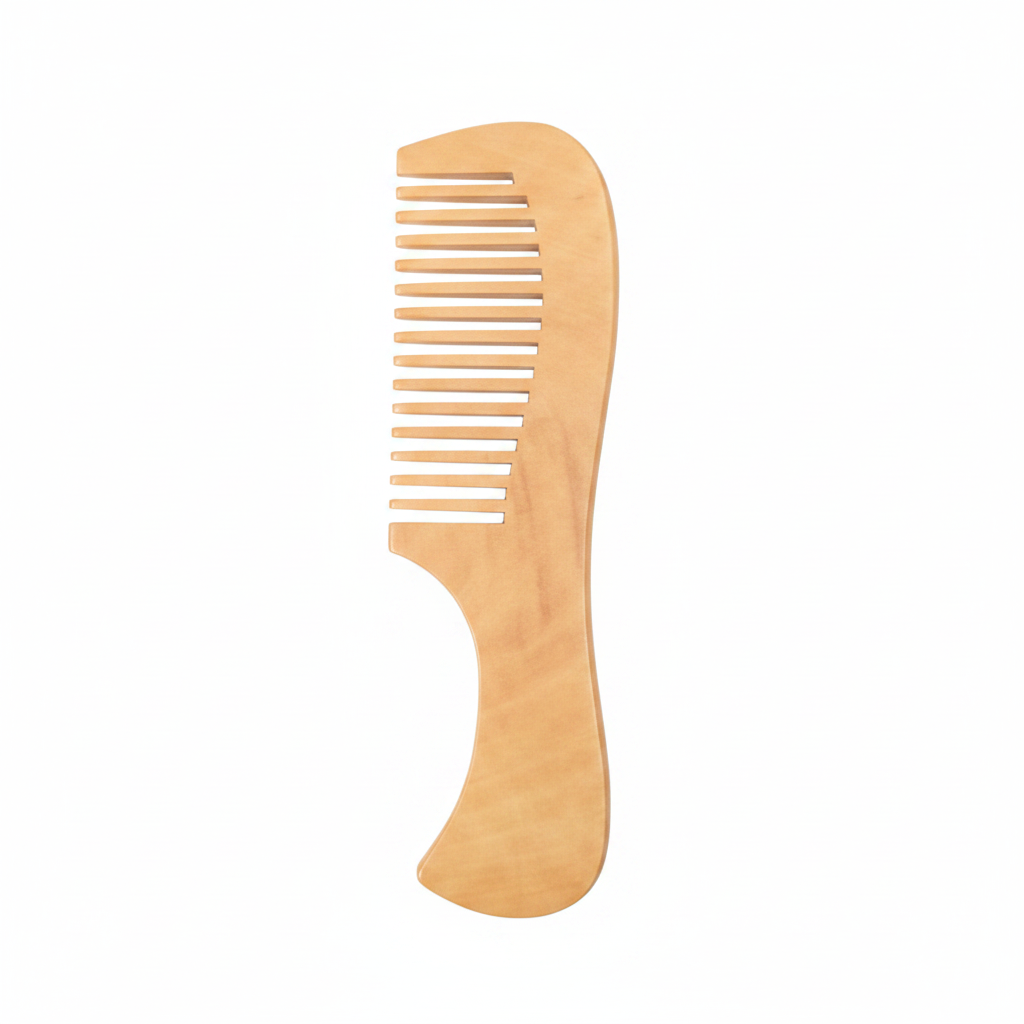 A wooden hair comb with wide teeth, packaged in a clear plastic sleeve with a purple and pink header card labeled 'Sonatu'.