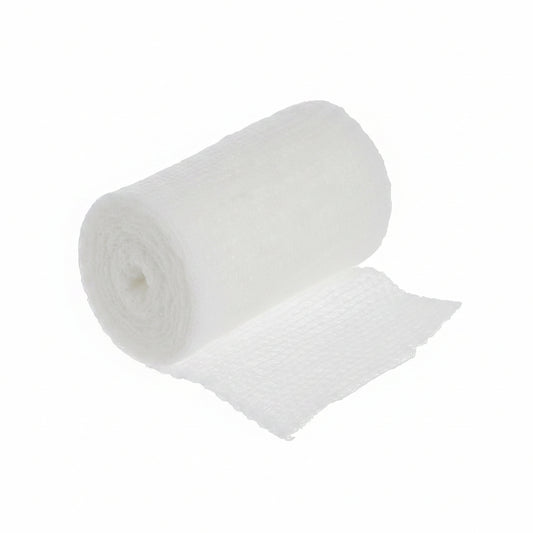 A roll of white bubble wrap or bubble mesh tape, partially unrolled, shown against a plain white background.