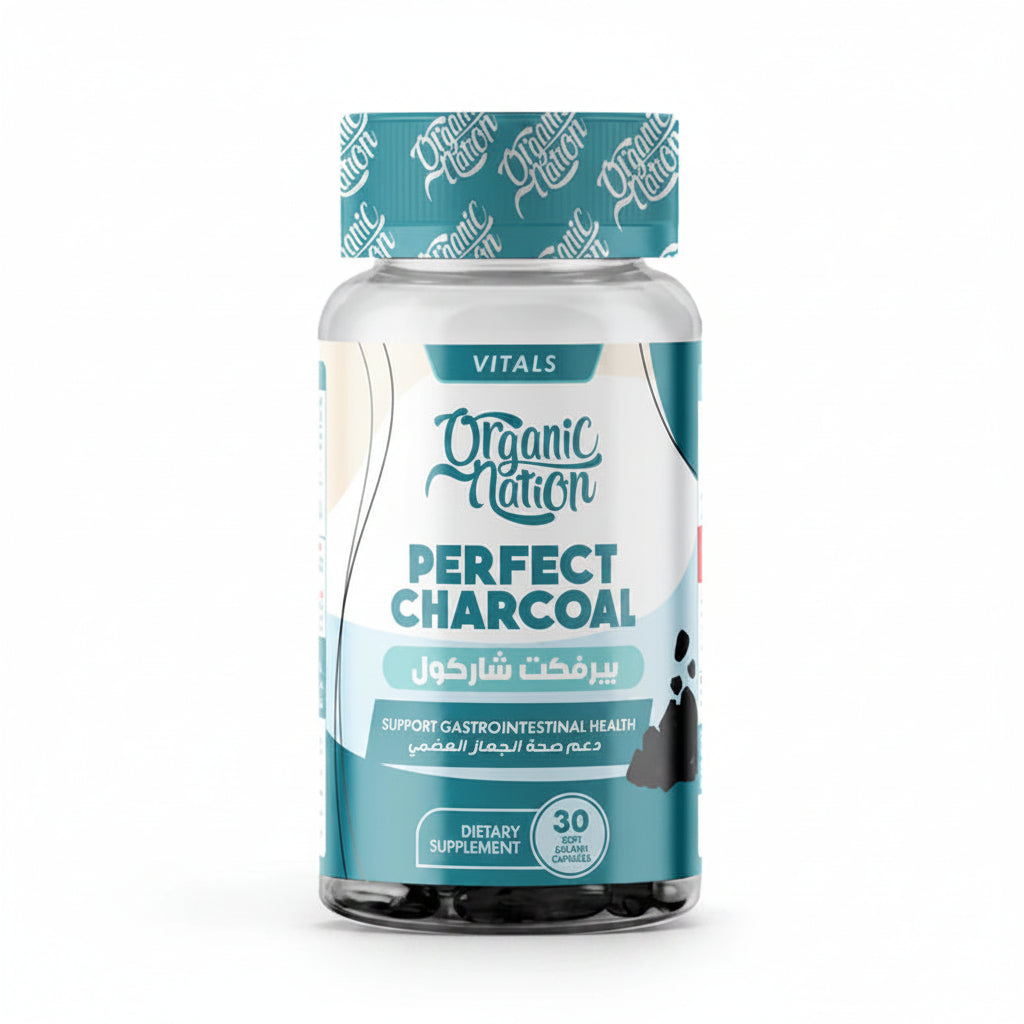 Bottle of Organic Nation Perfect Charcoal dietary supplement on a white background