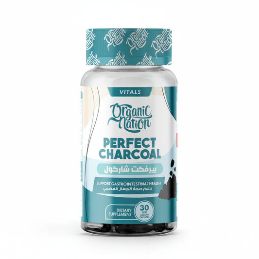 Bottle of Organic Nation Perfect Charcoal dietary supplement on a white background