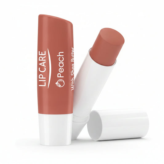 Lip care product with peach color swatch on a white background
