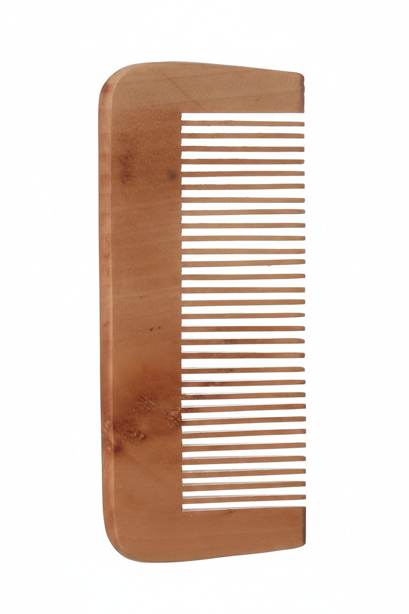 A light brown wooden comb with a wide, open design, shown against a plain white background.