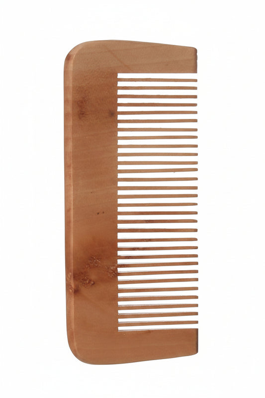 A light brown wooden comb with a wide, open design, shown against a plain white background.