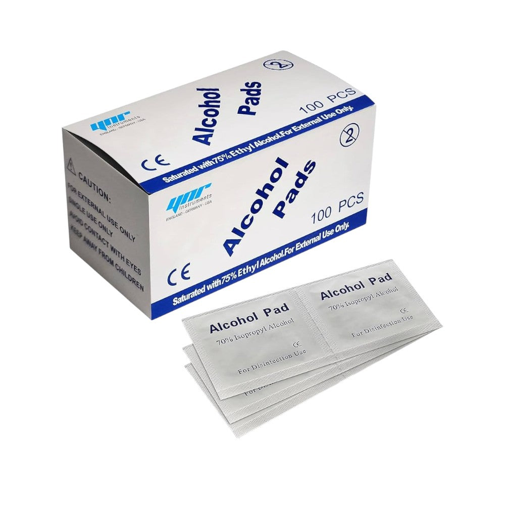 Box of alcohol pads with individual packets on a white background