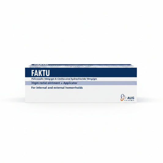 A box of FAKTU 30gm rectal ointment + applicator, featuring a white and navy blue design with the AUG PHARMA logo, shown on a light gray background.