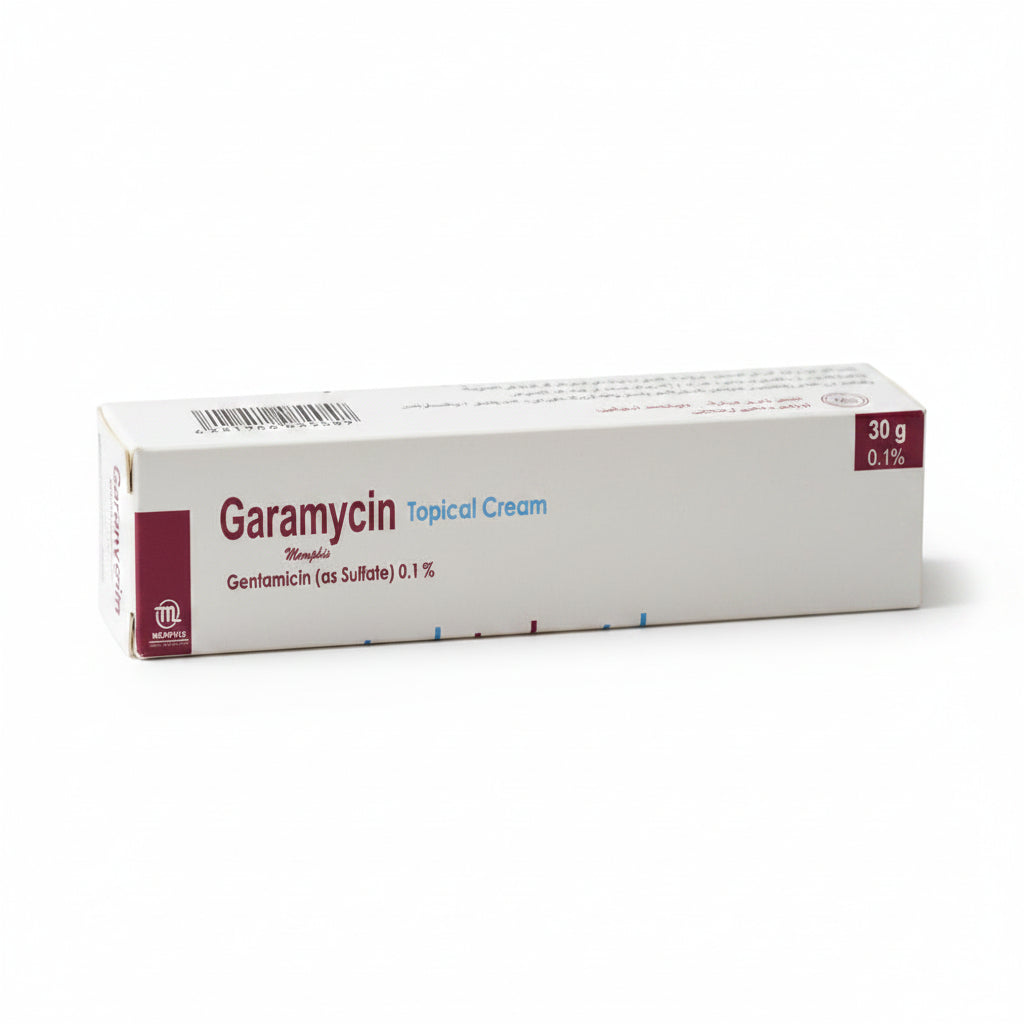 A box of Garamycin Topical Cream 0.1% Gentamicin, shown against a plain white background.