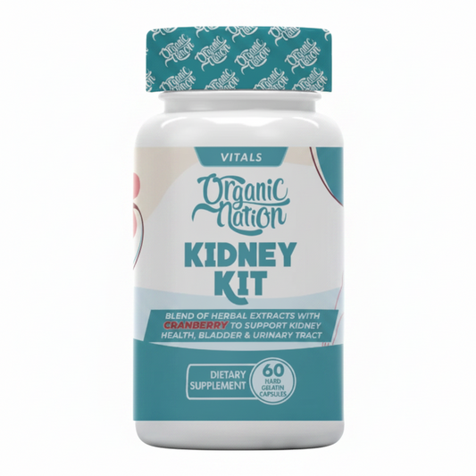 Supplement bottle labeled 'Kidney Kit' by Organic Nation on a white background