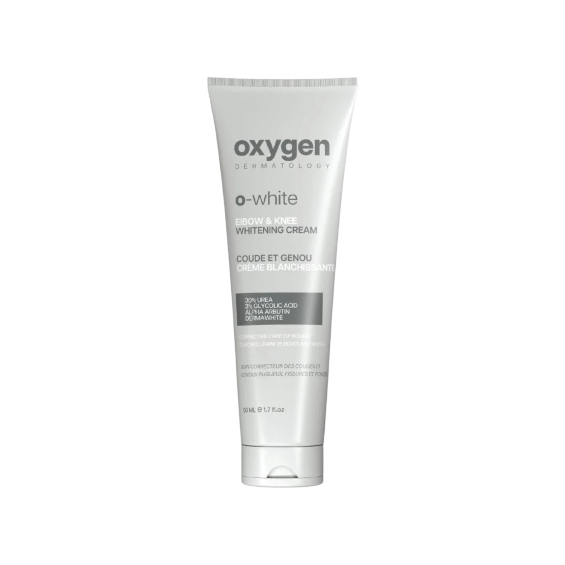 Oxygen O-White Elbow and Knee Whitening Cream 50 ml tube – skin brightening and smoothing cream – displayed at Wise Pharmacy حدائق أكتوبر