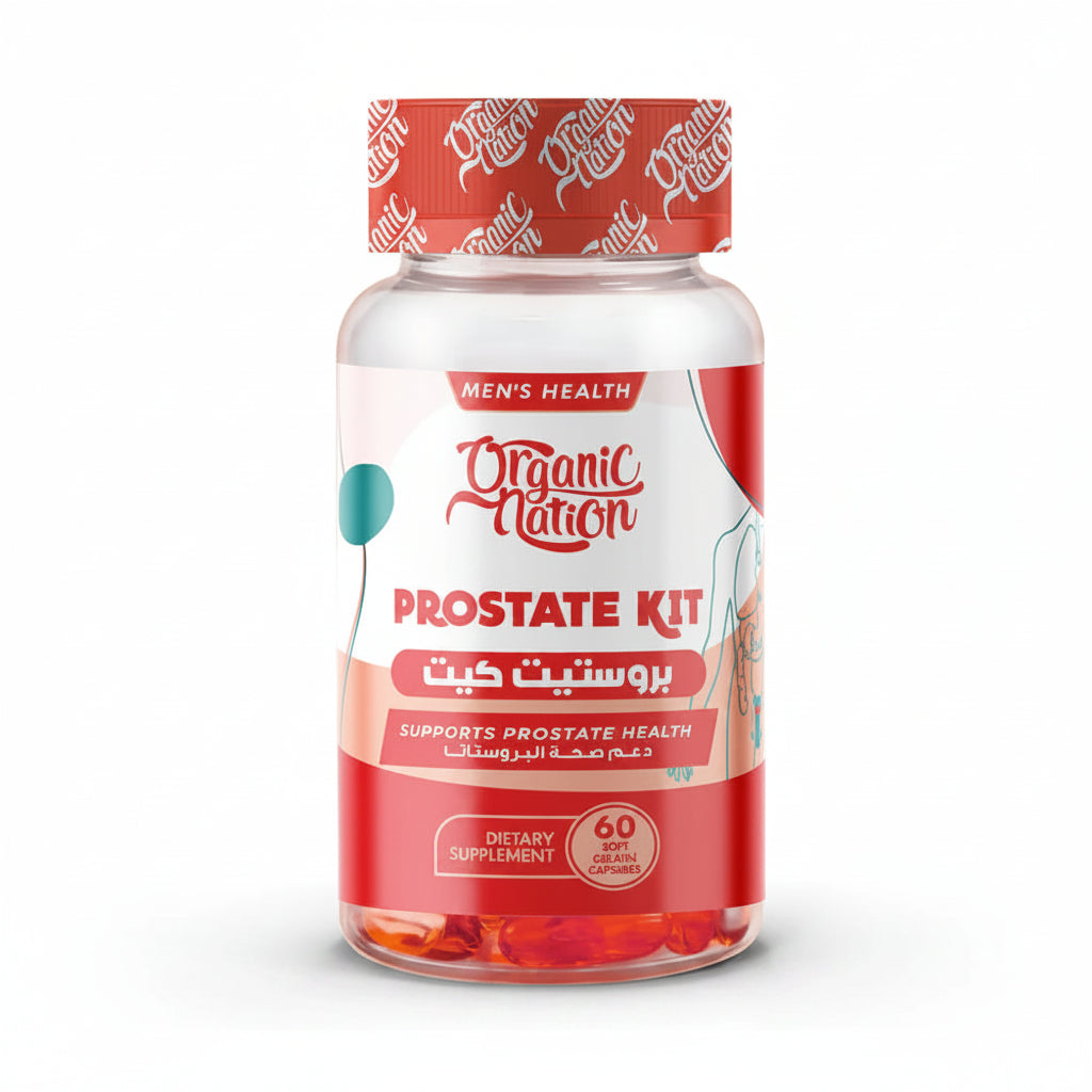 Supplement bottle labeled 'Prostate Kit' by Organic Nation on a white background