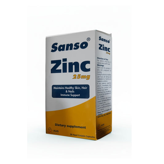 Sanso Zinc 25 mg box – dietary supplement for immunity and skin, hair, nails support – 30 capsules – photographed at Wise Pharmacy حدائق أكتوبر