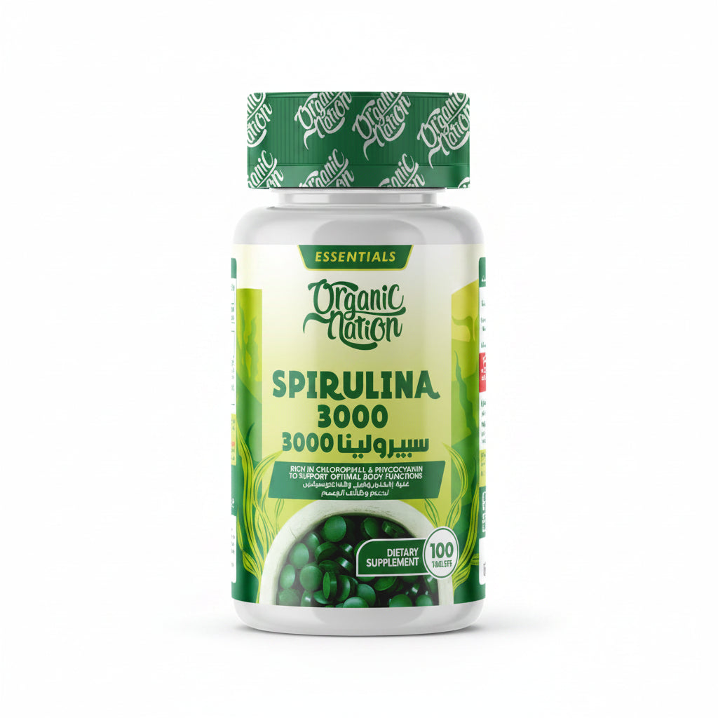 A white plastic bottle of Organic Nation Spirulina 3000 dietary supplement with a green and white label and matching green cap, shown on a clean white background.