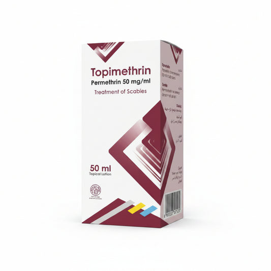 A box of Topimethrin 50 mg/ml treatment for scabies, 50 ml, shown on a plain white background.