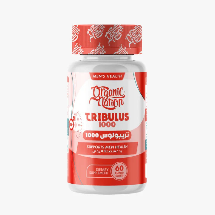 A white plastic bottle of Organic Nation Tribulus 1000 dietary supplement with a red and white label and a red patterned cap, shown on a light gray background.
