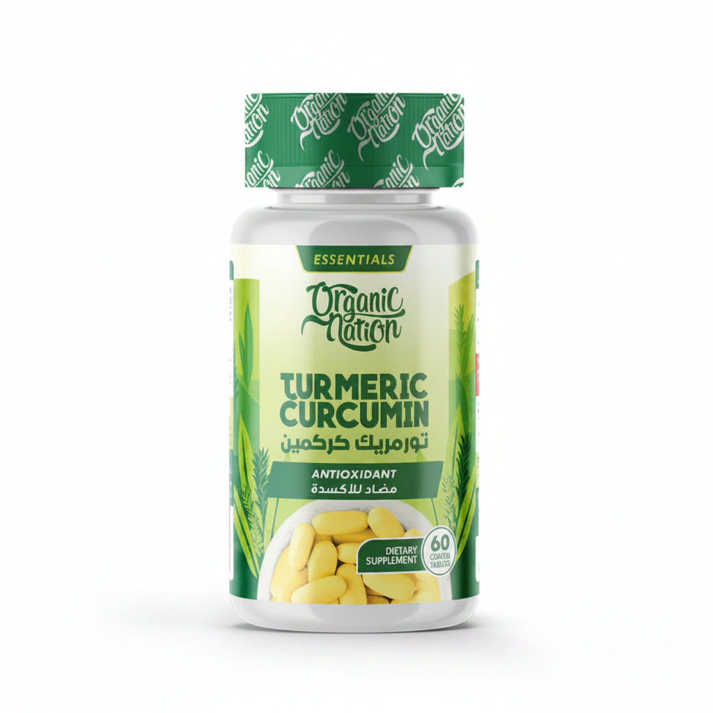 Supplement bottle labeled 'Turmeric Curcumin' by Organic Nation on a white background