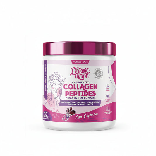 A white plastic tub of Organic Nation Collagen Peptides in the Cola Explosion flavor, featuring a metallic magenta lid and a pink and white label.