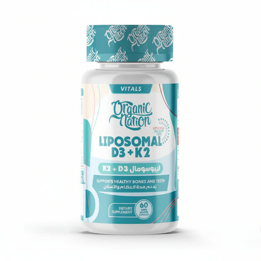 Supplement bottle labeled 'Liposomal D3 + K2' by Organic Nation on a white background