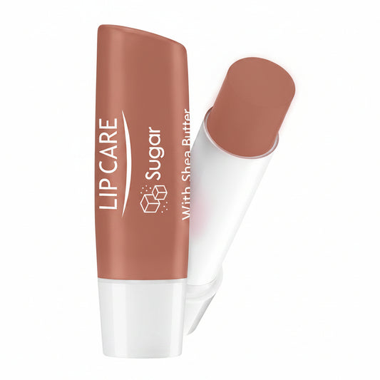 Lip Care Sugar lip balm tube in a warm nude brown shade, shown alongside a matching lip balm applicator tip on a plain white background.