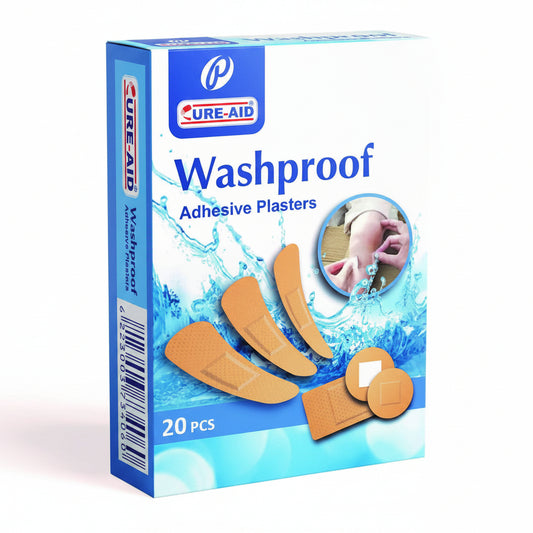 A box of Cure-Aid Washproof Adhesive Plasters, 20 pieces, featuring blue packaging with illustrations of adhesive bandages and a circular inset showing their use.