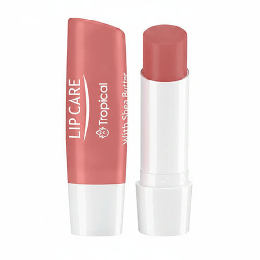 Tropical Lip Care lip balm stick with a coral pink cap and white lower section, shown closed with one tube and open with the balm tip visible on a white background.