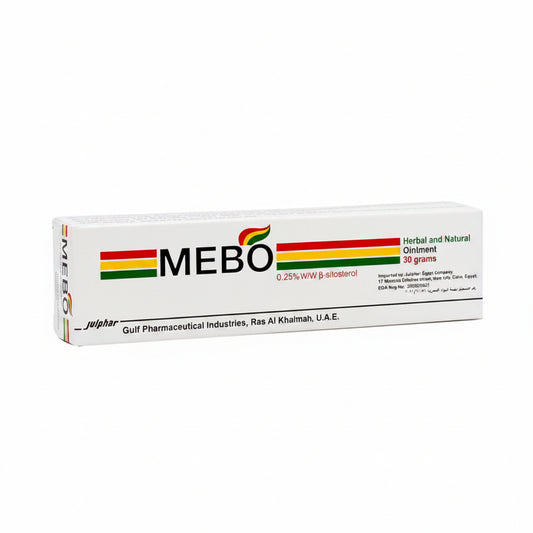 A white rectangular box of MEBO Herbal and Natural Ointment 30 grams, featuring a red, yellow, and green logo and text, on a plain white background.